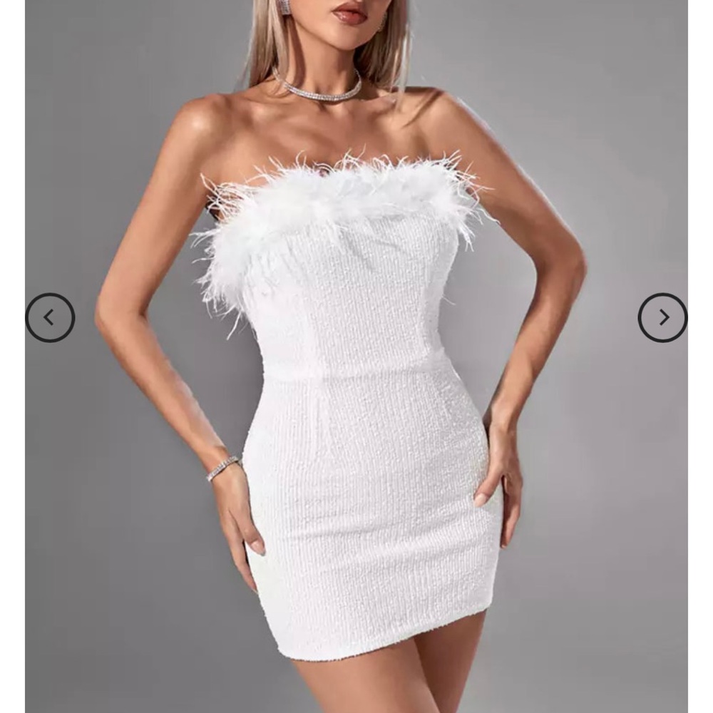 BRAND NEW NEVER WORN! White, sequin, feather dress! Perfect for bachelorette!